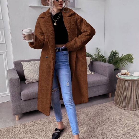 Camel wide collar teddy button trench Coat Jacket Fall - Picture 6 of 10